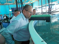 Ministr Fuksa na návštěvě sladkovodní farmy v kibucu Maagan Michael.
