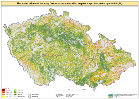 Obr. 1: Ohroženost půd ČR vodní erozí vyjádřená pomocí maximální přípustné hodnoty faktoru ochranného vlivu vegetace a protierozních opatření Cp.Pp