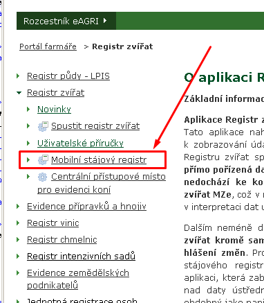 Spuštění mobilní verze stájového registru z eagri.cz po přihlášení účtem, který může ke SR přistupovat.